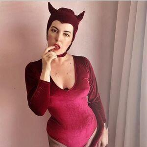 Velvet Red Bodysuit with Horned Headpiece By Bettie Page